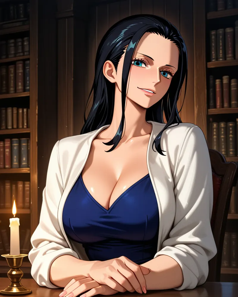 Nico Robin AI art: Robin in a white cardigan over a navy top, hands folded on a library table beside a candle, smiling
