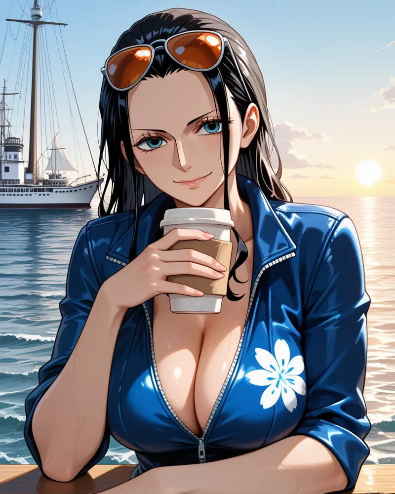 Nico Robin AI art: Robin with sunglasses in her hair and a blue zip jacket, holding a coffee cup by the sea, a ship behind her