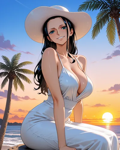 Nico Robin in a white sundress and sun hat, sitting on a rock in a hidden cove at sunset