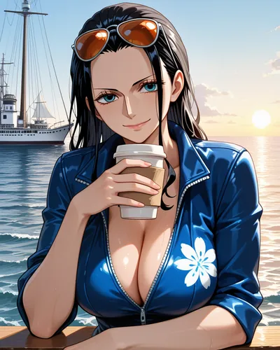 Nico Robin leaning on a ship’s rail with a coffee cup, sunglasses in her hair, watching the viewer with a cool look